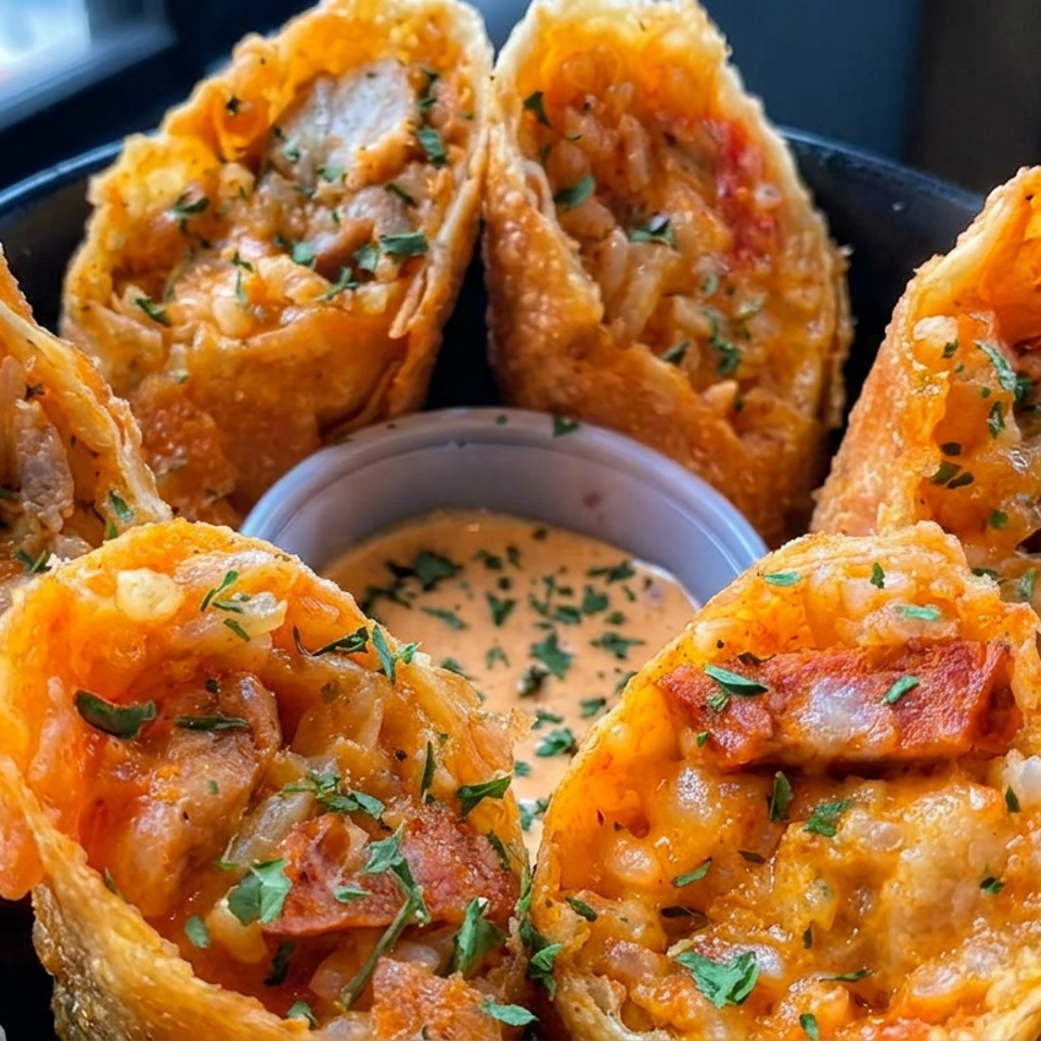 Crispy stuffed pastry pockets arranged around a cup of creamy dipping sauce, garnished with chopped herbs on a black plate.