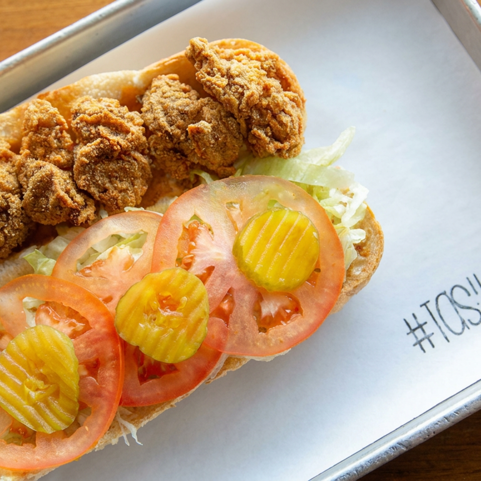 Fried oyster po’boy topped with lettuce, sliced tomatoes, and pickle chips on a paper-lined metal tray.
