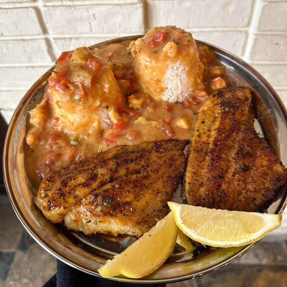 Platter of grilled fish, rice, chickpeas, and vegetables in creamy sauce, garnished with lemon wedges.