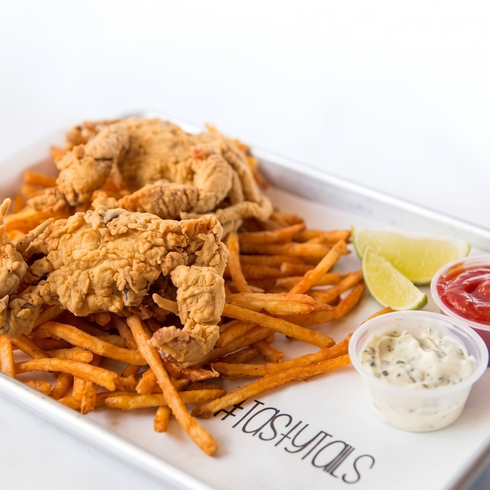 Crispy fried chicken pieces over fries with lime wedges, ketchup, and creamy dipping sauce on a restaurant tray.