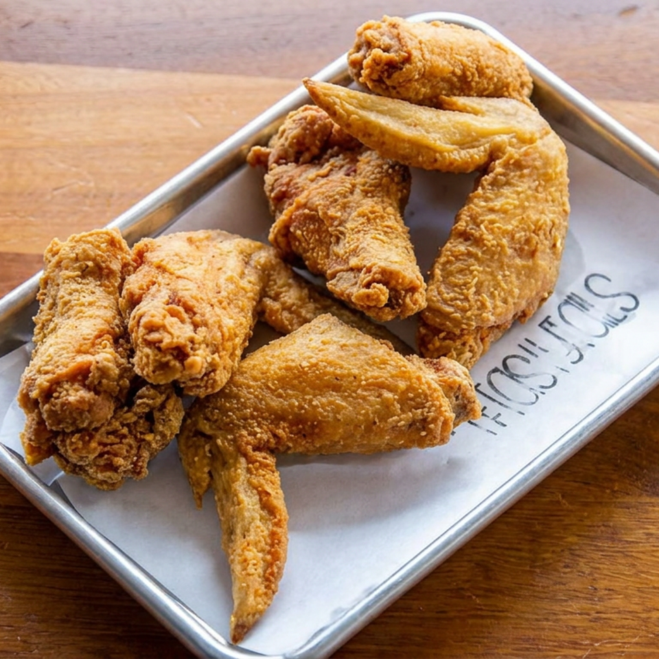 Assorted golden-brown fried chicken pieces arranged on a metal tray atop a wooden table.