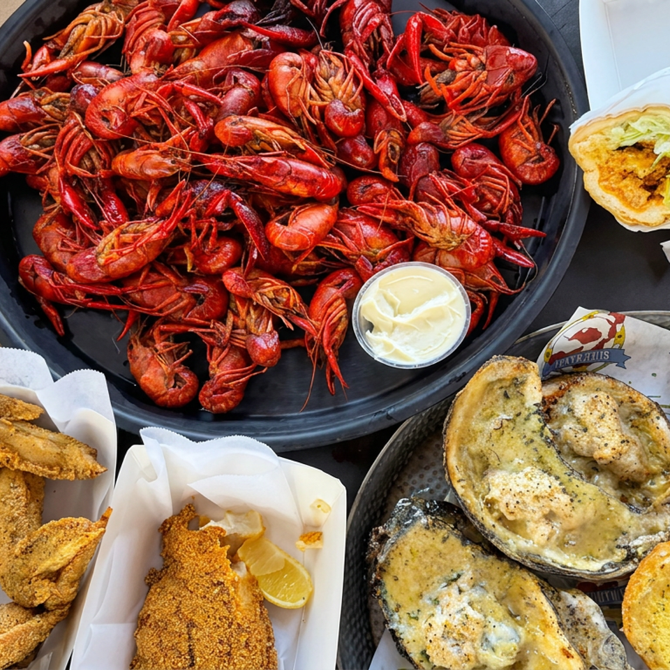 A seafood spread featuring boiled crawfish, fried fish, stuffed bread, oysters, sauces, and lemon wedges.