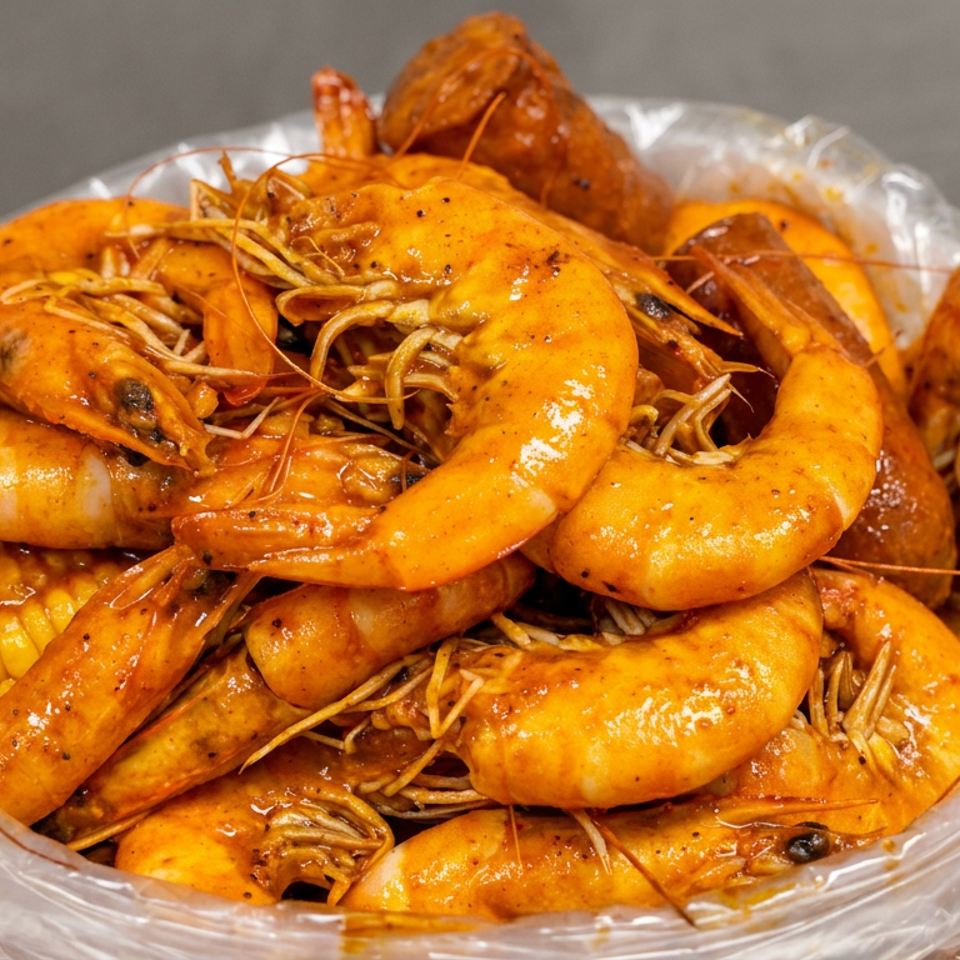 A large bowl of saucy orange shrimp with corn, served in a clear plastic-lined container.