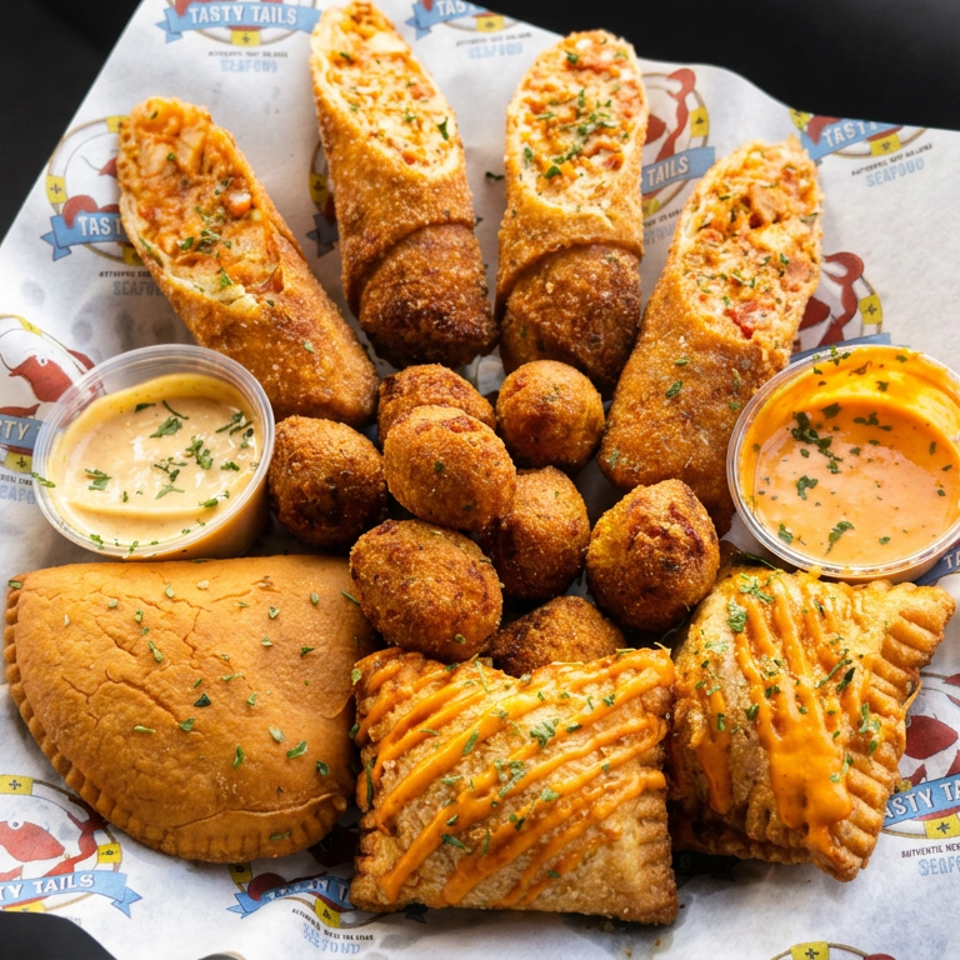 Assortment of golden-fried seafood pastries, croquettes, and breaded snacks with two dipping sauces on Tasty Tails paper.